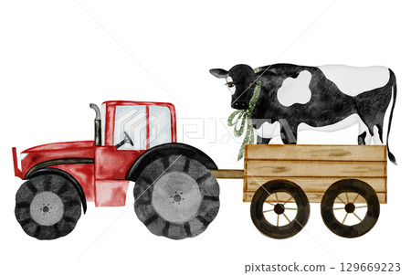 Farm animal and tractor with a cart. Hand drawn red tractor with a cow on isolated white background. Country style clip art. Ideal for educational cards and posters 129669223