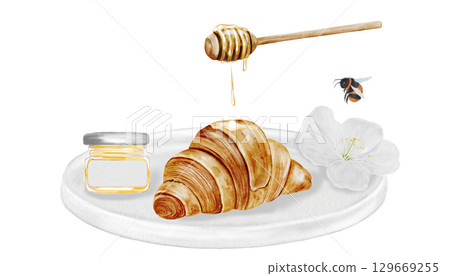 Croissant on a white plate and watercolor illustration. Hand drawn fresh french bun with honey stick and a white flower. Food clip art. Ideal for bakery prints, postcards and pastry shop posters. Croissant on a white plate and watercolor illustration. Hand drawn fresh french bun with honey stick and a white flower. Food clip art. Ideal for bakery prints, postcards and pastry shop posters. 129669255