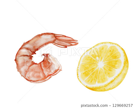 Shrimp and lemon watercolor. Hand drawn crustacean on isolated white background. Food clip art. Ideal for restaurant menus, product packaging and cookbook design 129669257