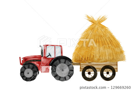 Tractor with cart and haystack watercolor painting. Hand drawn red tractor with hay on isolated white background. Country style clip art. Ideal for educational cards and posters 129669260