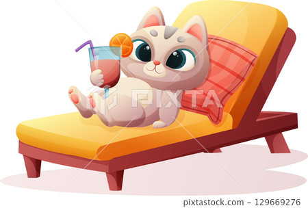 cute gray cat on a chair with a cocktail in the summer relaxing 129669276