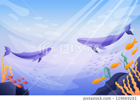 ocean underwater with fish, corals and whales 129669281