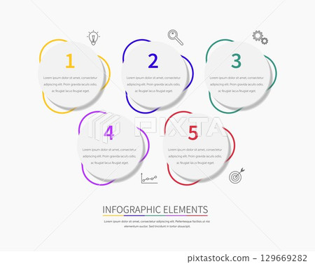 5 circles vector infographic. Flat infographics template. Creative process chart template. Vector illustration. 5 circles vector infographic. Flat infographics template. Creative process chart template. Vector illustration. 129669282