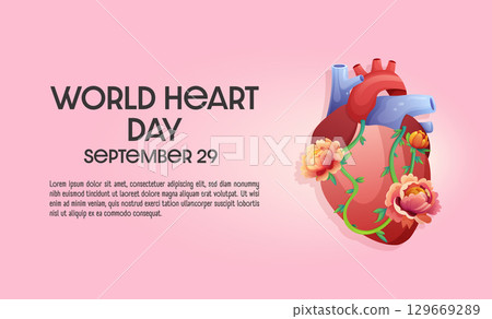 World Heart Day concept, beautiful flowers, leaves, decorate the human heart. World Heart Day concept, beautiful flowers, leaves, decorate the human heart. 129669289