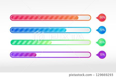 Loading indicators set. Download or load process. Lines percentage diagrams vector collection. Loader percentage progress bars. 129669293