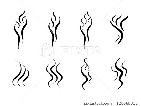 Set of smoke, aroma, smells icons. Symbols, logos cooking steam odour, fume of flame, stink, vapor in minimal style. Signs of glasses of hot drinks. Hand drawn vector illustration. 129669313