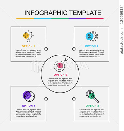 Business infographic template. Vector design with icons, text and 5 options or steps. Blank space for content, business, infographic, diagram, flowchart, process, diagram, time line. Business infographic template. Vector design with icons, text and 5 options or steps. Blank space for content, business, infographic, diagram, flowchart, process, diagram, time line. 129669324