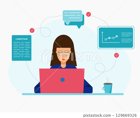 Smiling pretty girl working on laptop. Universal freelance, education, online study concept. Vector illustration in flat style. Smiling pretty girl working on laptop. Universal freelance, education, online study concept. Vector illustration in flat style. 129669326