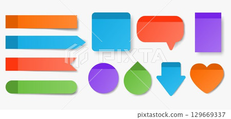 Collection of colorful sticky notes. Square, round, heart, drop, speech bubble shapes isolated on white background. Memo, bookmark, notes, blank paper sheet for planning. Vector illustration. 129669337