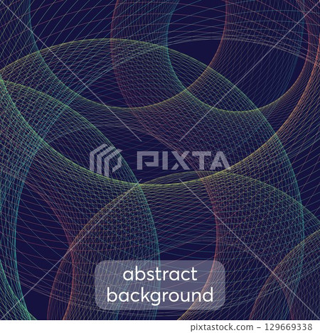 Colorful overlay mesh circles on dark blue background. Used for cover, publications, web design and other works. Vector illustration. 129669338