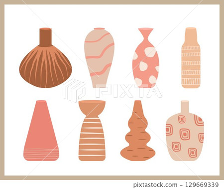 Ceramic Vase Collection. Hand Drawn Ceramic Pottery Vector Set. Different Shapes In Minimalist Style. Can Be Used As T-shirt Print, Decorative Element, Poster. 129669339