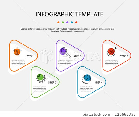 Creative vector infographic from triangles with 5 steps, processes. Universal minimalist infographics business concept for presentation, report, workflow, strategy. Business data visualization. Creative vector infographic from triangles with 5 steps, processes. Universal minimalist infographics business concept for presentation, report, workflow, strategy. Business data visualization. 129669353