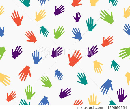 Vector seamless pattern wirh rainbow color handprints. International childrens day. Concept of friendship, happy childhood, unity of peoples. 129669364