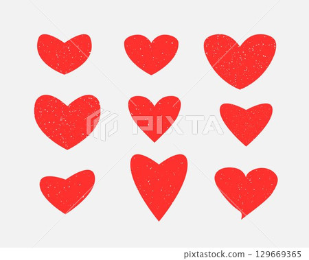 Red hearts with grunge texture icons set. Valentine s day, love signs, symbols. Vector illustration. 129669365