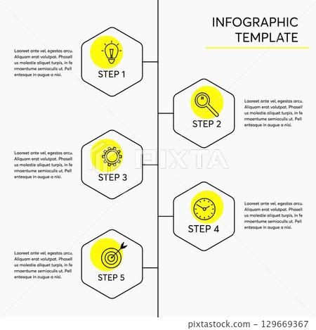 Minimalist vertical timeline infographics with 5 steps, options. Universal infographics with place for date and icons. Concept for presentation, report, workflow, strategy, start-up. Minimalist vertical timeline infographics with 5 steps, options. Universal infographics with place for date and icons. Concept for presentation, report, workflow, strategy, start-up. 129669367