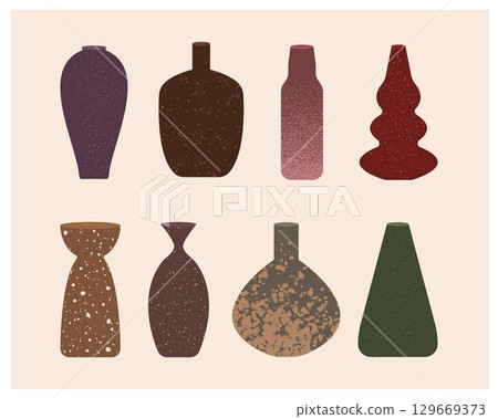 Ceramic Vase Collection With Texture. Hand Drawn Ceramic Pottery Vector Set. Different Shapes In Minimalist Style. Can Be Used As T-shirt Print, Decorative Element, Poster. 129669373
