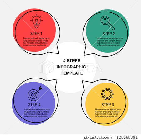 Vector infographic circle template with 4 steps, parts, options, sectors, stages. Can be used for graph, workflow layout, cycling diagram, brochure, report, presentation, information banner. Vector infographic circle template with 4 steps, parts, options, sectors, stages. Can be used for graph, workflow layout, cycling diagram, brochure, report, presentation, information banner. 129669381