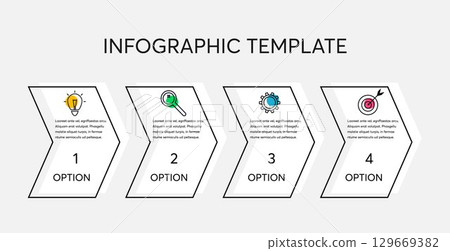 Vector infographic from 4 arrows with icons and text. Simple infographics design template. Business data visualization. Vector infographic from 4 arrows with icons and text. Simple infographics design template. Business data visualization. 129669382