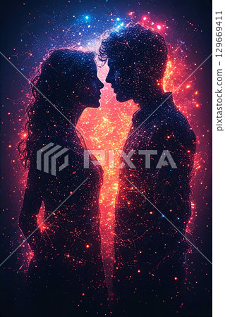 Cosmic Love: Silhouettes of a Couple, men and woman, Merging with a Starry Universe, Symbolizing Connection, Romance, and the Infinite Nature of Love 129669411