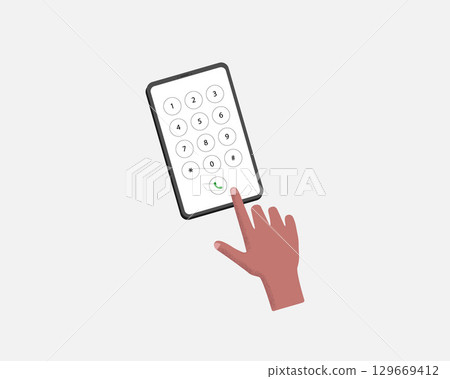 A finger touchs the samartphone screen. Phone keypad and hand. Cellphone panel with numbers. Vector Illustration. 129669412