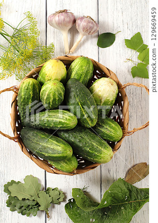 Fresh cucumbers in a jar, spices, garlic and leaves on a wooden kitchen table, homemade pickling recipe, village harvest, cucumbers and ingredients for pickling, home canning concept. 129669459