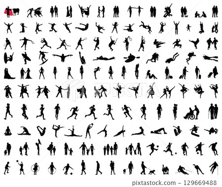 Big collection of people silhouettes on a white background 129669488