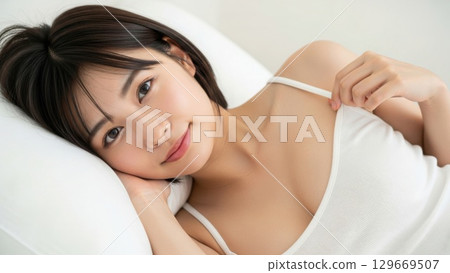 一位女士躺在床上,輕輕地撫摸著她的吊帶背心的肩帶 一位女士躺在床上,輕輕地撫摸著她的吊帶背心的肩帶 129669507