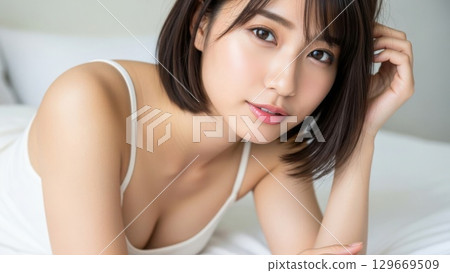 A woman in her twenties is lying on the bed, running her hands through her hair and looking at the camera. 129669509