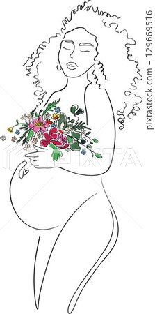 Beautiful pregnant woman line art. Pregnant belly 129669516