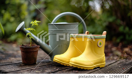 Yellow Rubber Boots with Watering Can and Potted Plant Outdoors in Garden 129669517