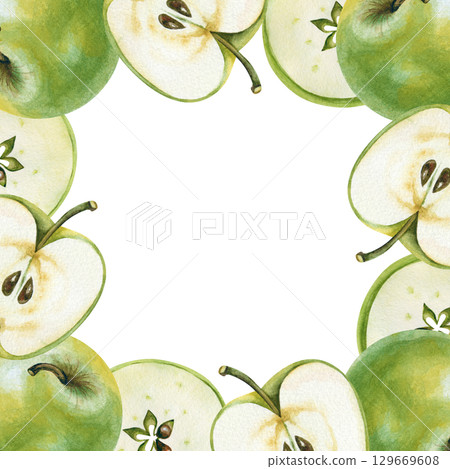 Watercolor square frame made of green Granny Smith apples. Handmade illustration, highlighted on a white background. Autumn fruit template for menus, invitations and business cards 129669608