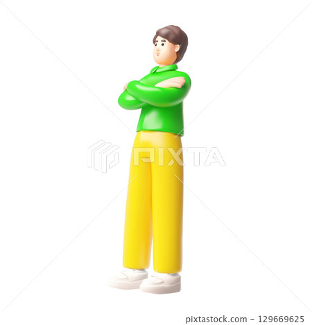Brunette man standing arms crossed, 3D cartoon vector guy character with brown hair wear green long sleeve full height Brunette man standing arms crossed, 3D cartoon vector guy character with brown hair wear green long sleeve full height 129669625