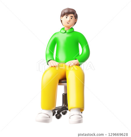 Man sits on an office chair, 3D cartoon vector smiling office employee character with brown hair, green long sleeve 129669628