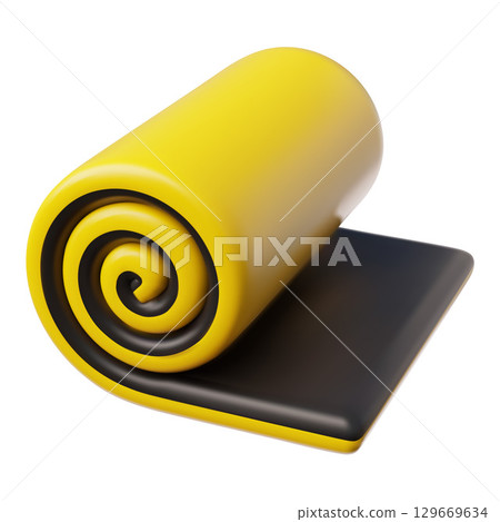 Fitness rug mat scroll 3D cartoon vector icon, yellow and black colors yoga mat sport equipment for stretching exercise Fitness rug mat scroll 3D cartoon vector icon, yellow and black colors yoga mat sport equipment for stretching exercise 129669634