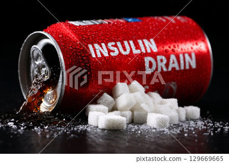 Red soda can spilling sugary drink and sugar cubes illustrating harmful effects of sugar 129669665