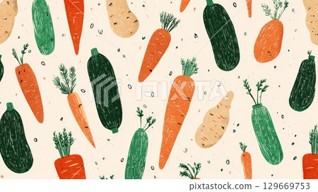 Colorful vegetable pattern illustration featuring carrots, zucchinis, and various root vegetables 129669753