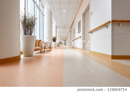 Rubber flooring in a bright hallway with modern design and natural light illuminating the space 129669754