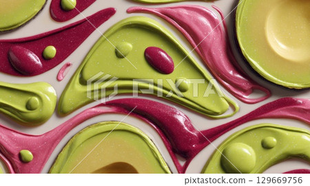 Colorful abstract composition of vibrant green and pink textures resembling plant-based ingredients Colorful abstract composition of vibrant green and pink textures resembling plant-based ingredients 129669756