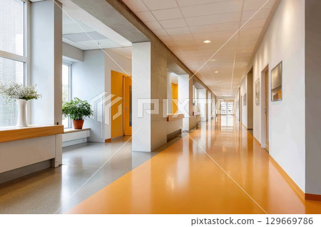 Bright hallway featuring rubber flooring with modern design elements and natural light Bright hallway featuring rubber flooring with modern design elements and natural light 129669786