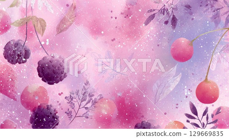 Vibrant watercolor illustration of berries and leaves on a soft pink background with copy space Vibrant watercolor illustration of berries and leaves on a soft pink background with copy space 129669835