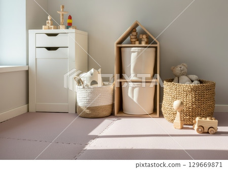 Rubber flooring in a bright, cozy playroom with wooden toys and storage baskets for children 129669871