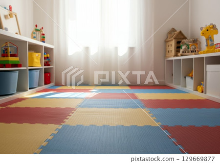 Colorful rubber flooring in a bright playroom with toys and natural light streaming in 129669877