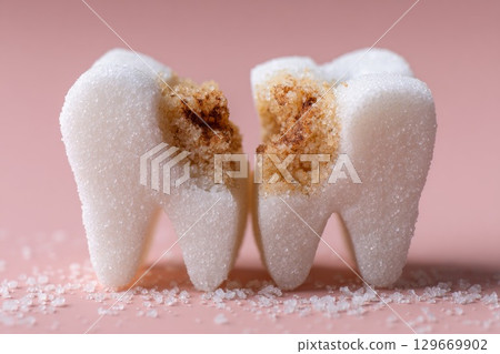 Sugar cubes shaped like teeth, showcasing harmful effects of sugar on dental health and hygiene 129669902