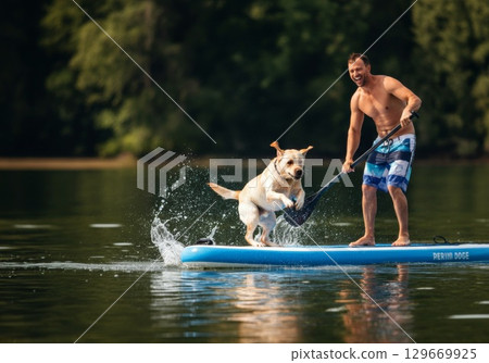 Man enjoying paddleboarding with a playful dog splashing in the water on a sunny day 129669925