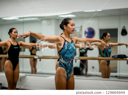Female swimmer practicing in a dance studio with mirrors reflecting graceful movements and focus 129669949