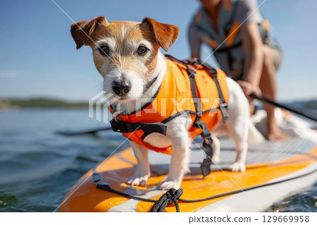 Dog wearing life jacket stands confidently on paddleboard in calm water with sunny sky Dog wearing life jacket stands confidently on paddleboard in calm water with sunny sky 129669958