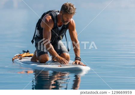 Male paddleboarder adjusting equipment on calm water surface during bright sunny day Male paddleboarder adjusting equipment on calm water surface during bright sunny day 129669959
