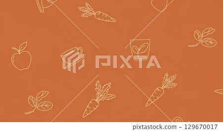 Hand-drawn illustration of vegetables and fruits on a warm orange background for vegan themes 129670017