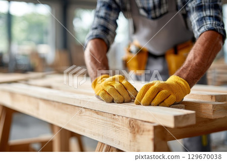 Skilled craftsman working on wooden planks in a workshop with tools and materials around 129670038