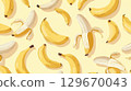 Vibrant banana pattern illustration with various banana shapes on a soft yellow background 129670043